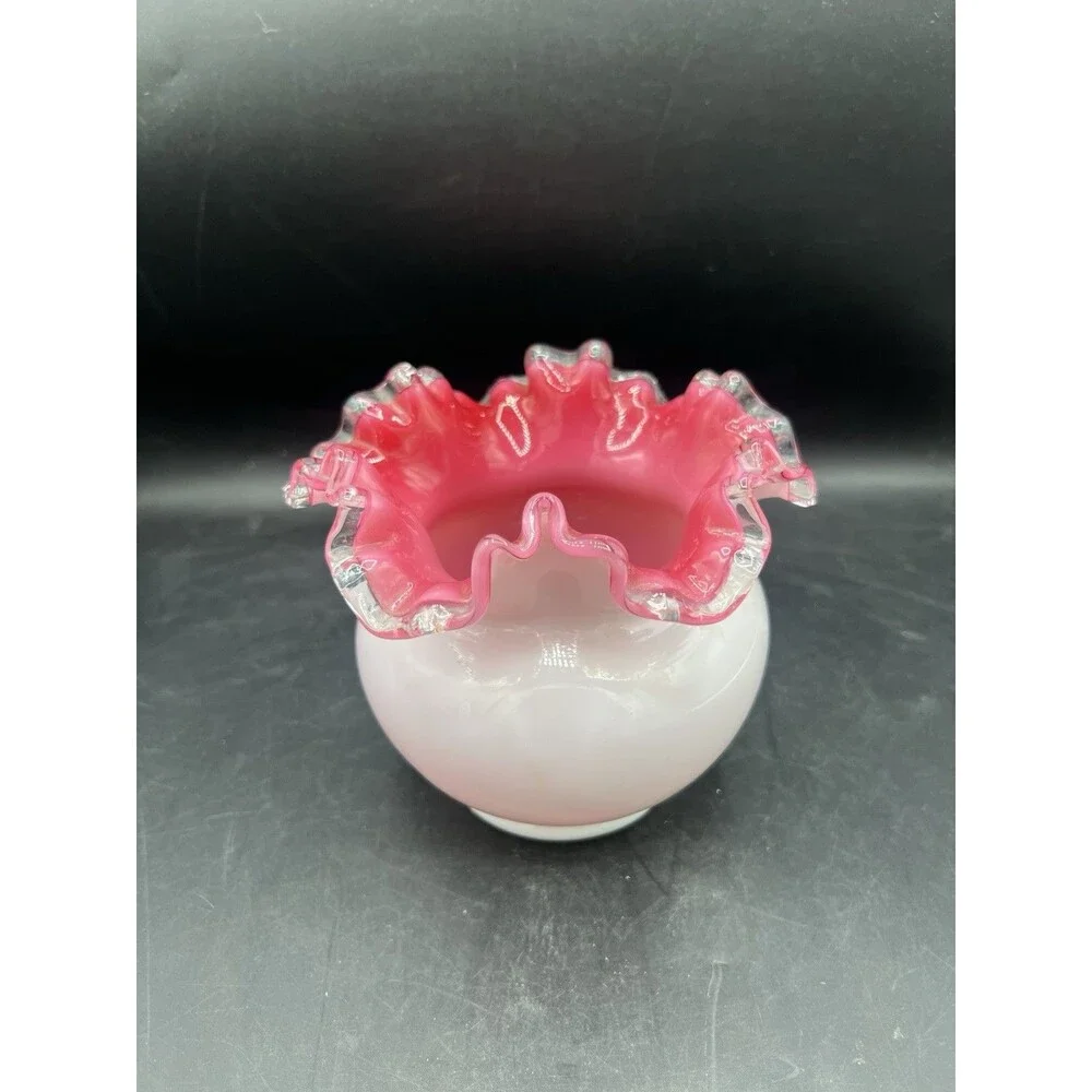 Vintage Fenton Peach Crest White Cased Rose Bowl Vase Pink Interior Ruffled Rim